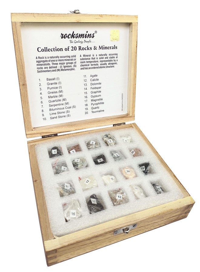 Rocksmins Collection of 20 Rocks & Minerals (10 Rock+10 Mineral) Specimens in Wooden Box for School Education Samples Collections Mineral Memory Activity Geology Great Educational STEM Toys Kids - Image 2